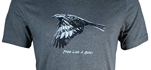 Graphic tee featuring a monochrome bird in flight with stylized wings and the phrase Free Like a Bird