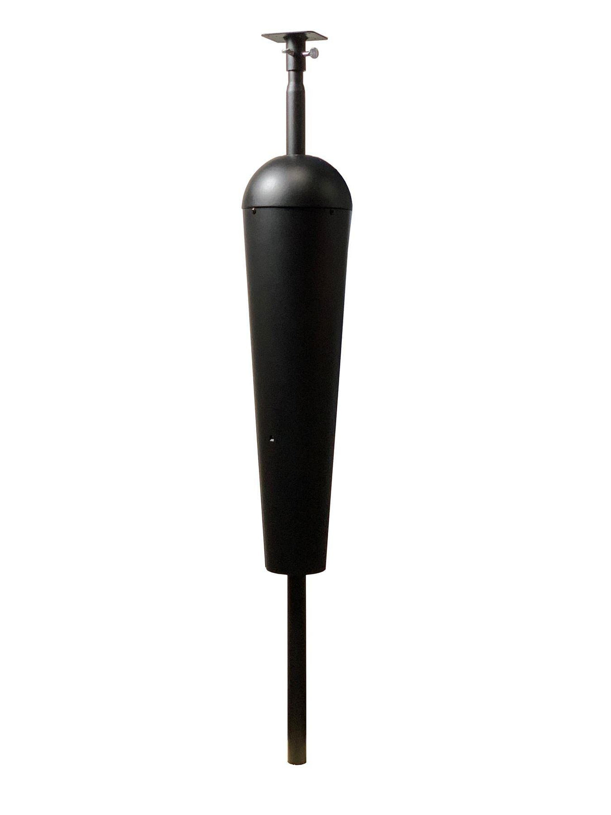 Product photography of a black metal mailbox post featuring a tapered body a rounded top and a square mounting plate