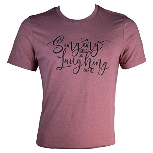 Birds and Bees heather mauve t-shirt featuring a stylized Singing and Laughing design with a small bird and bee illustrations in elegant black script