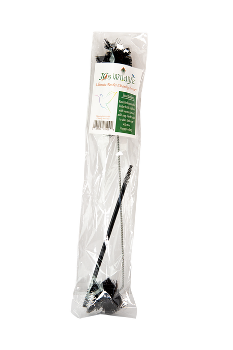 JCs Wildlife's hummingbird feeder cleaning brush set shows two brushes, one black and one with a silver wire handle, packaged for easy use