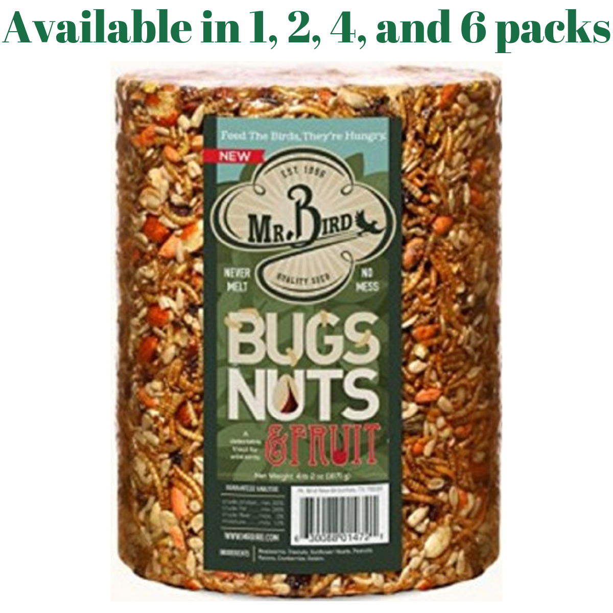 Product photography of Mr. Bird Bugs Nuts & Fruit, a cylindrical package of bird food showing dried insects, nuts, and seeds in vibrant orange and brown hues against a green label
