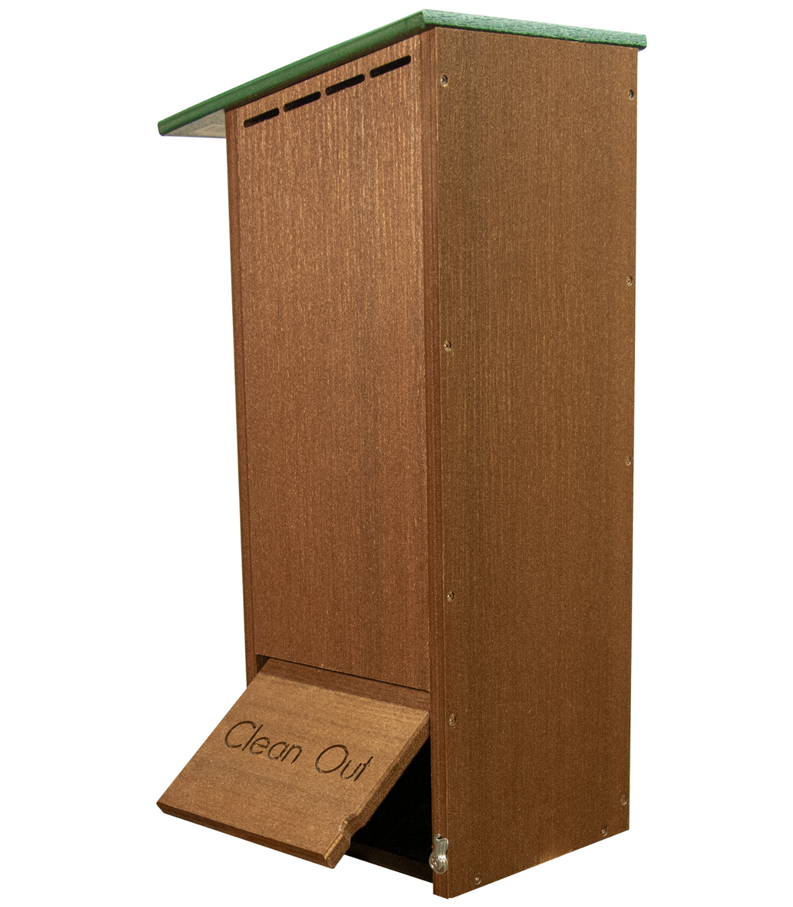Product shot of a brown and green recycled plastic bat house with a clean-out door featuring engraved lettering and ventilation slots on the roof