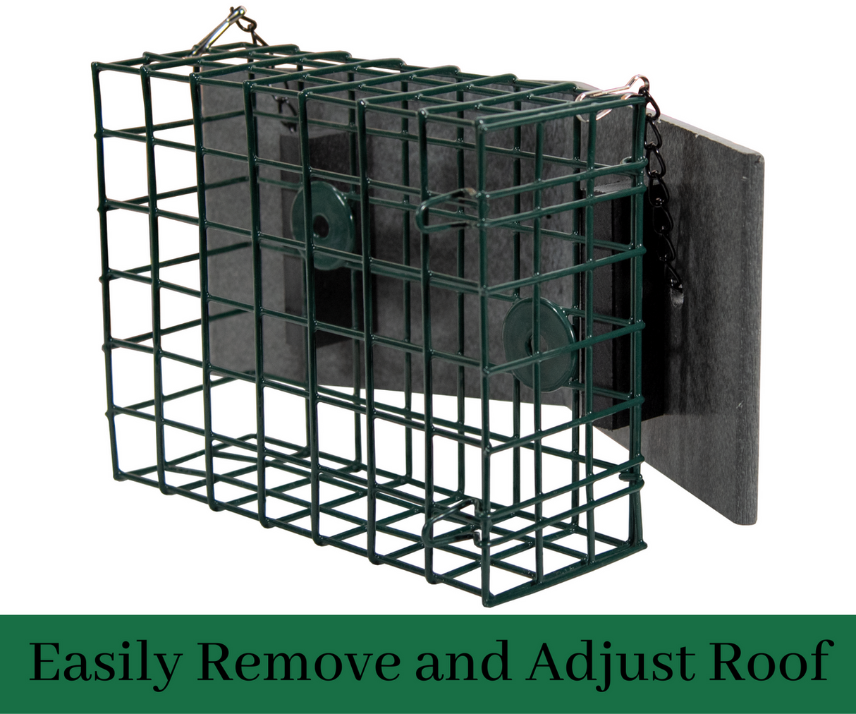 JCS Wildlife XL Suet Cage with Recycled Poly Lumber Roof demonstrating easy roof removal and adjustment.
