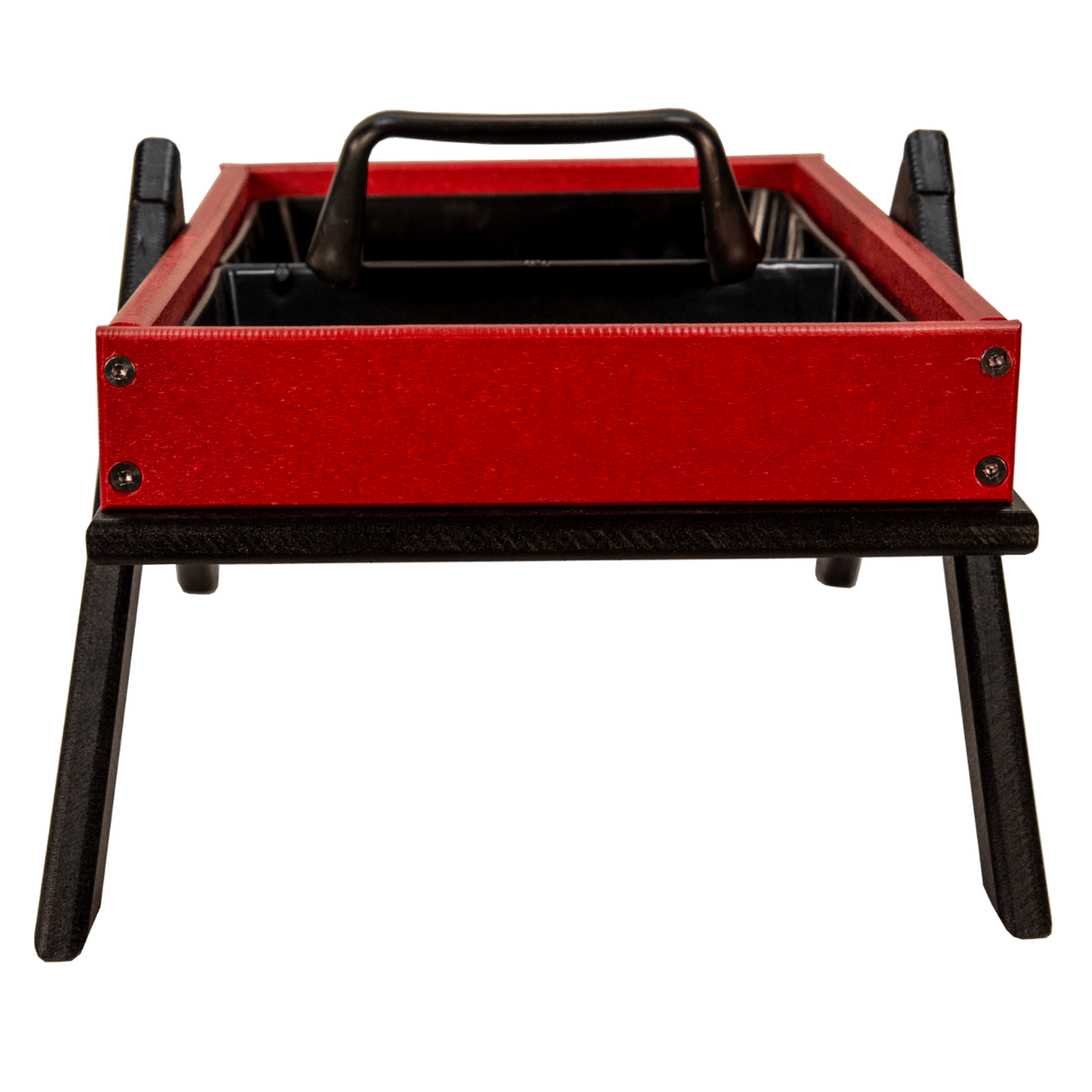 Product photography of a red and black two-tiered tray with a black handle and visible screws on a stand against a white background