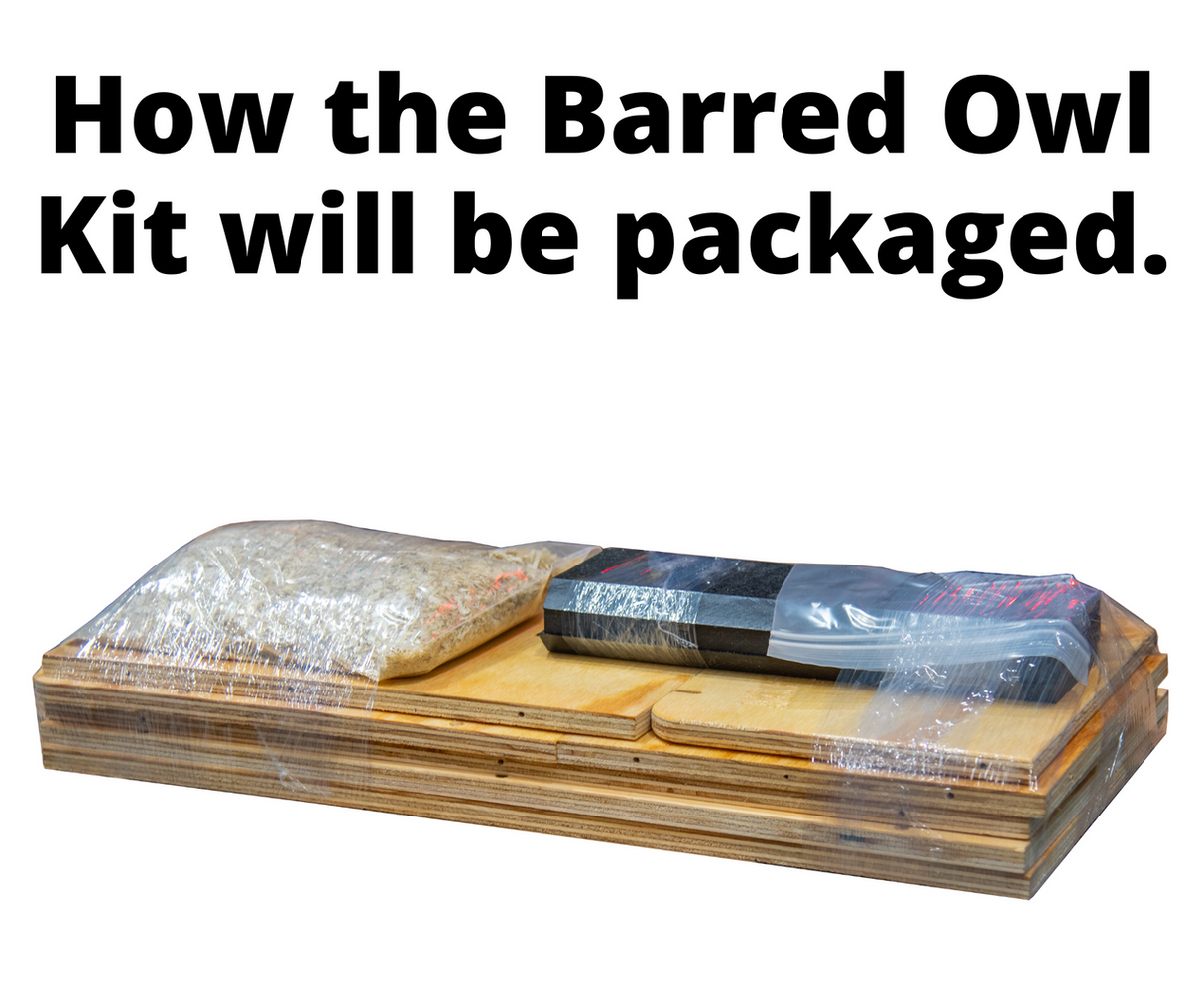 Photograph of a Barred Owl Kit packaging showing plywood pieces a bag of wood shavings and a black rectangular component wrapped in plastic  all ready for shipment