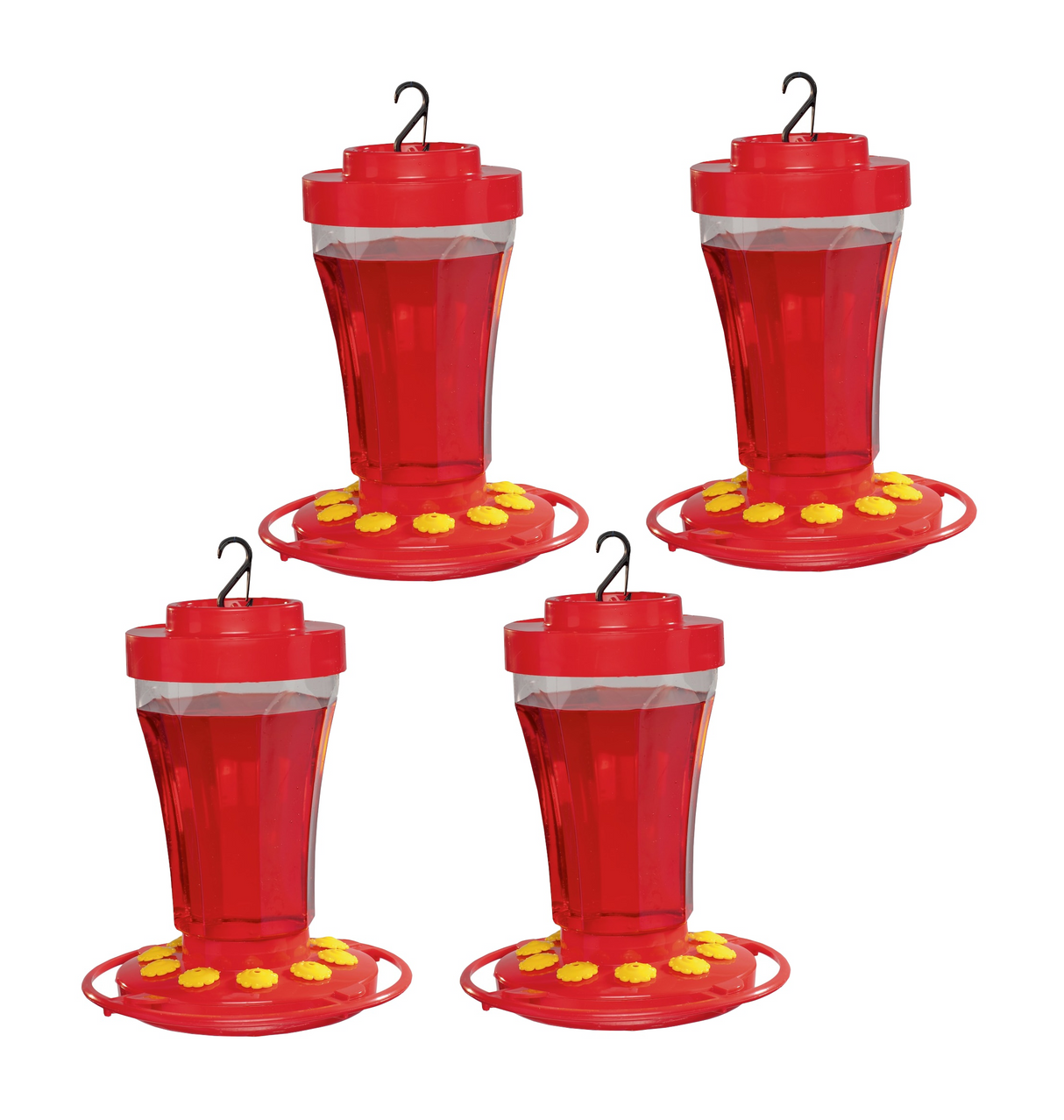 Product shot showing four red plastic hummingbird feeders with yellow flower-shaped perches and black hanging hooks filled with red nectar