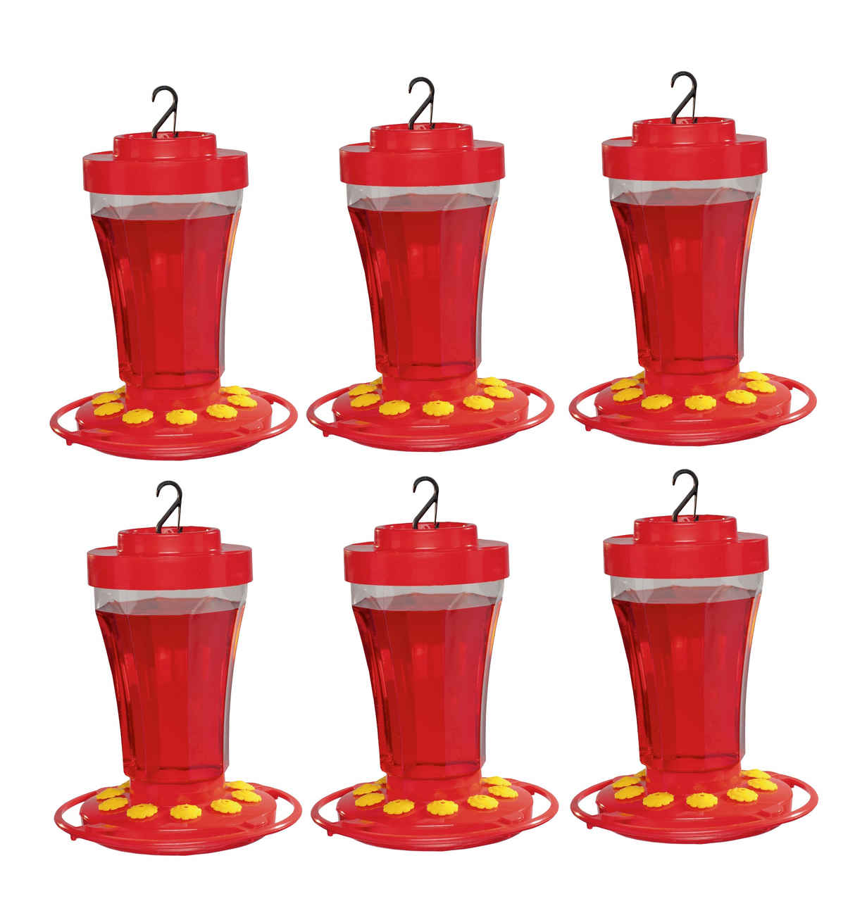 Product shot showing six red hummingbird feeders with clear reservoirs and yellow flower-shaped feeding ports against a white background