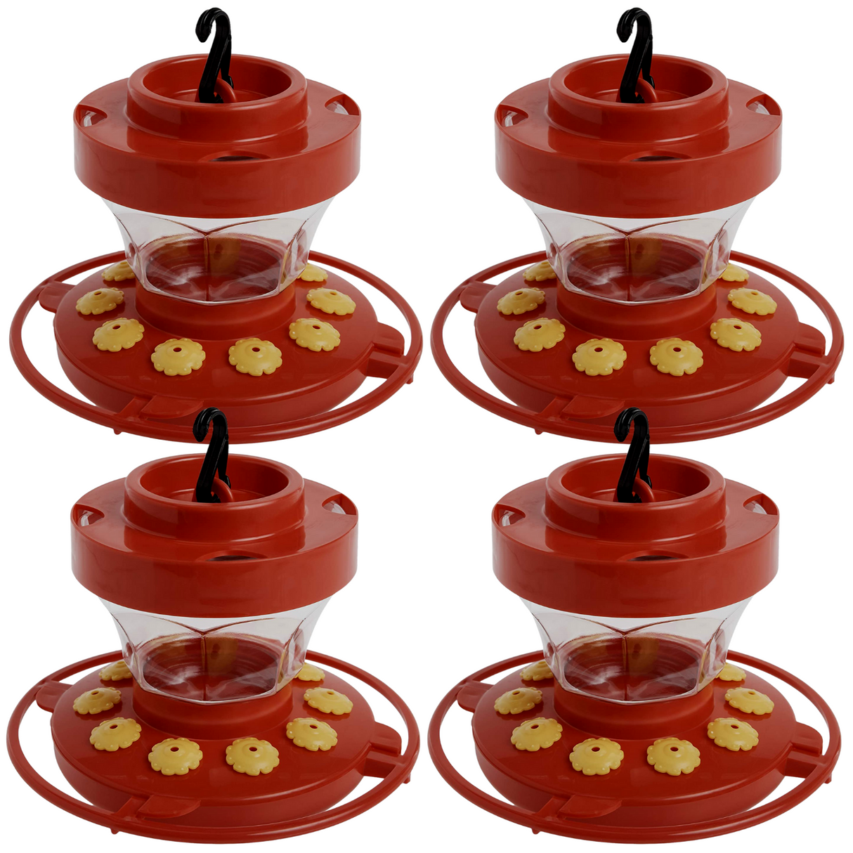 First Nature 3091 Flower Hummingbird Nectar Feeder 4 Pack, 16 oz, with red base and yellow flowers for easy cleaning and bird attraction.