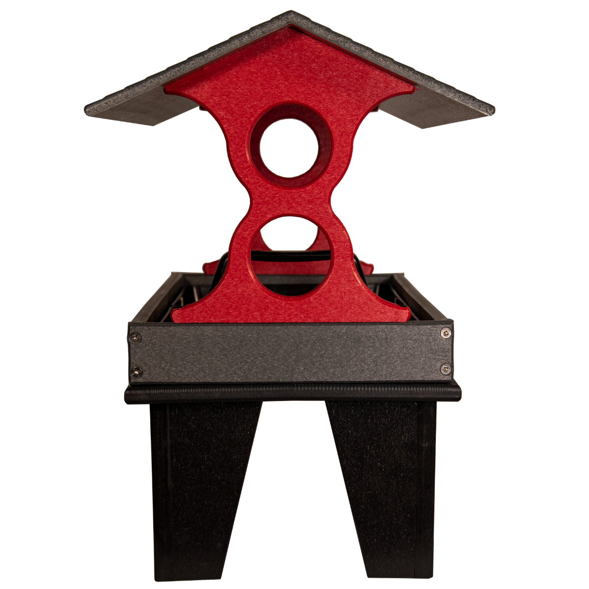 Product shot of a red and gray plastic bird feeder with a pitched roof and two circular feeding holes featuring a unique design and sturdy base.