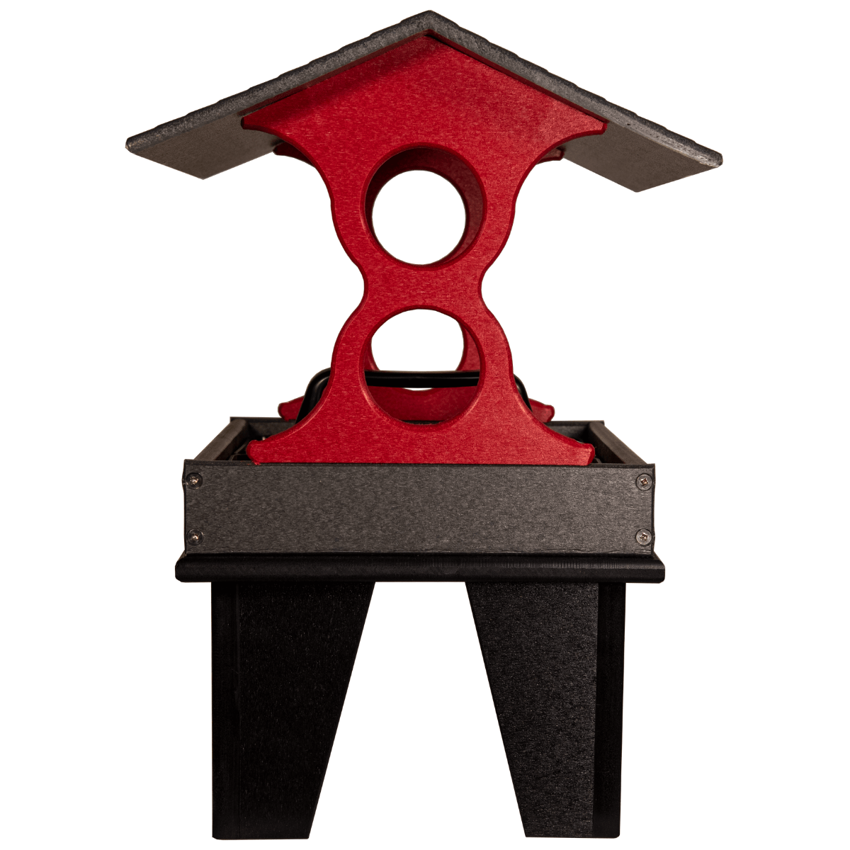 Plastic recycled lumber bird feeder featuring a red and gray color scheme and a covered feeding area with three perches on a black stand