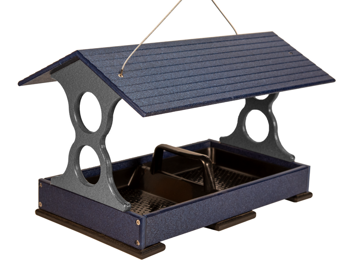 Recycled plastic bird feeder featuring a dark blue and gray design with a slatted roof and small feet for stability