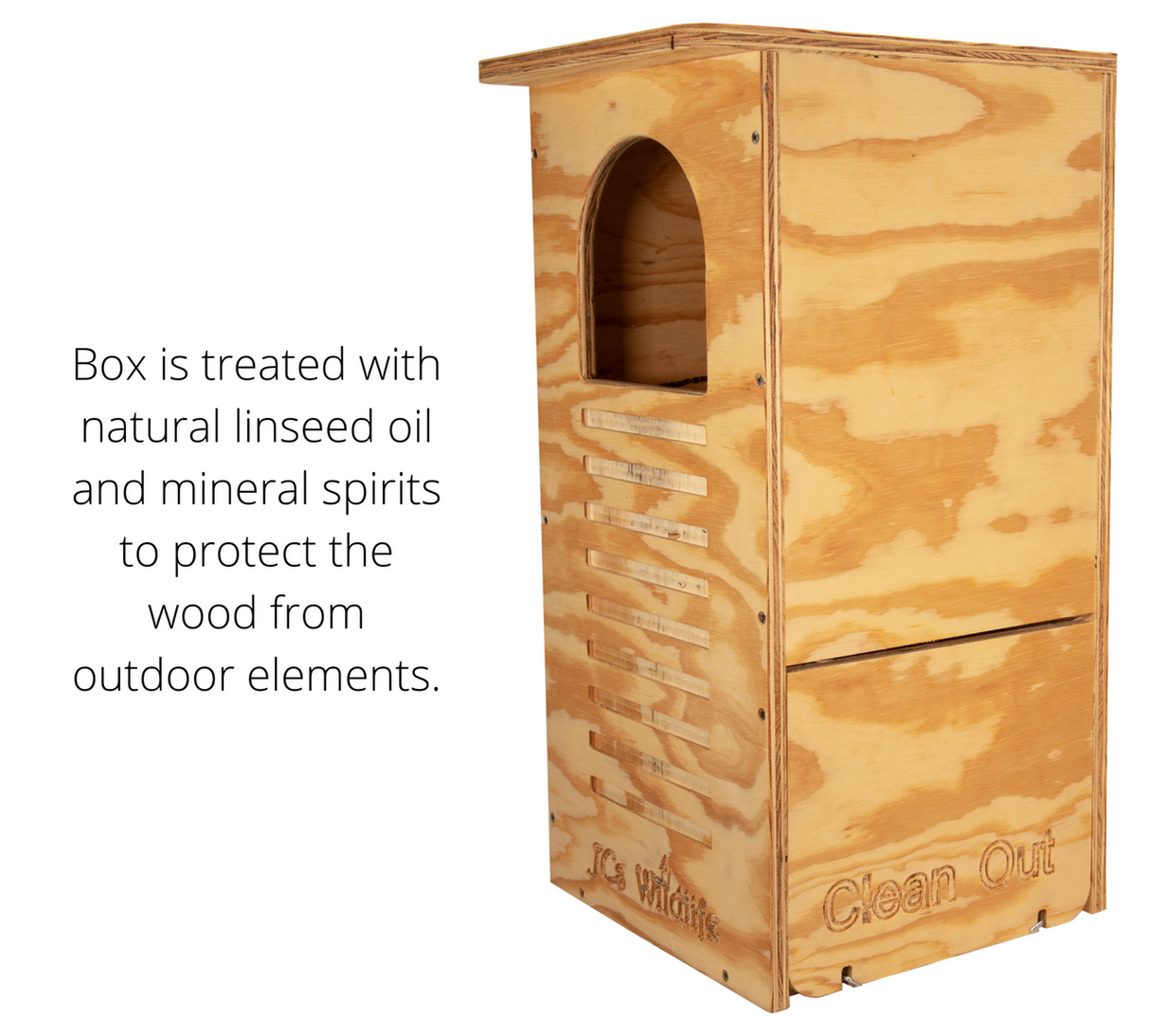 JG Wildlife wooden birdhouse featuring a clean-out door, arched entrance, and natural linseed oil finish showing light wood grain and branded text