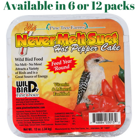 Hot Pepper Pine Tree Farm's Never Melt Suet Cake 12 oz. in 6 or 12 packs, designed for attracting wild birds.