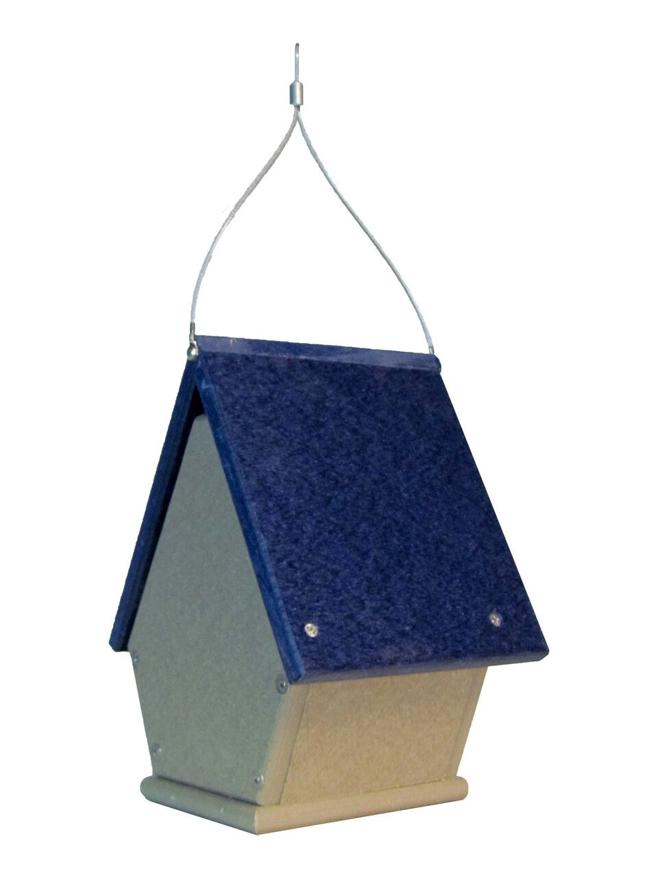 Recycled plastic birdhouse featuring a blue roof beige walls and a silver hanging wire  against a white background