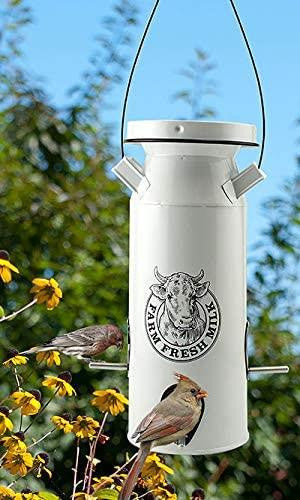 Woodlink Milkhouse Milk Can Seed Feeder attracting birds in a garden with vintage dairy farm graphics.