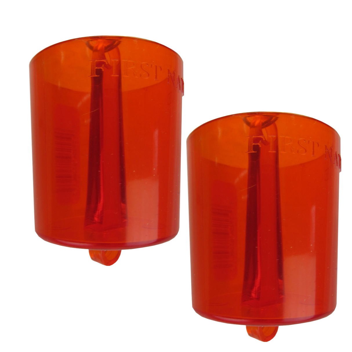 Plastic product photography showing two translucent orange cylindrical objects with a central rod and FIRST NAME subtly embossed near the top a small hanging loop and barcode details visible on the side