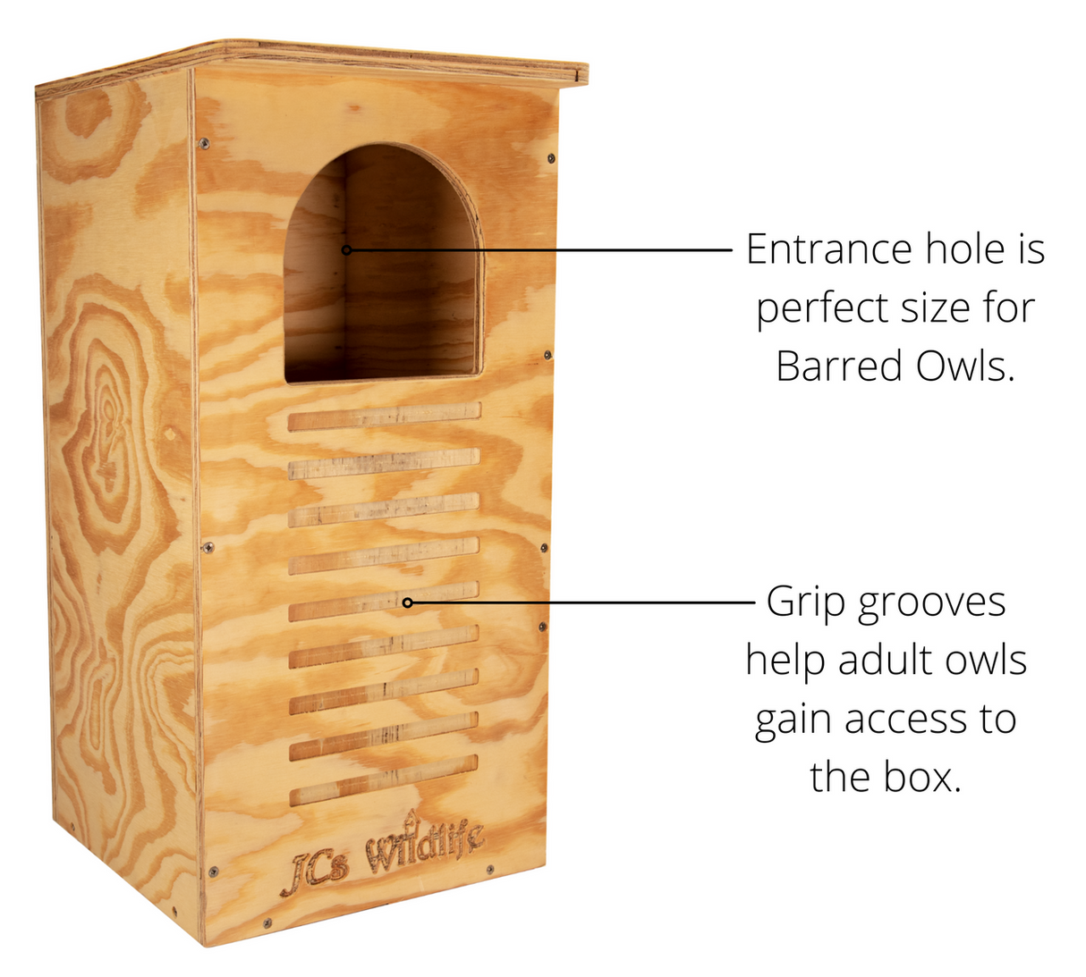 JCS Wildlife wooden barred owl nesting box featuring an arched entrance hole, grip grooves, and a light-brown wood finish