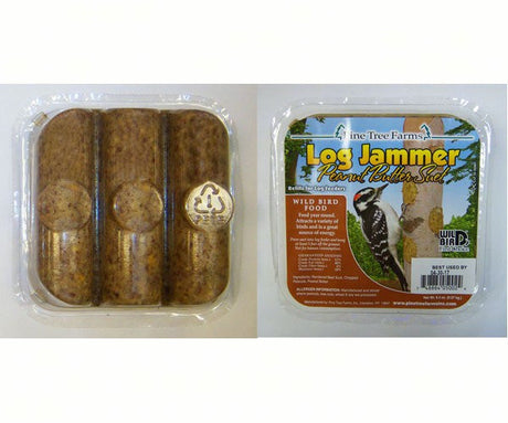 Pine Tree Farms Log Jammer Peanut Butter Suet package shows three peanut butter suet logs in clear plastic with a recycling symbol and a downy woodpecker on birch tree packaging featuring brown, beige, and speckled textures