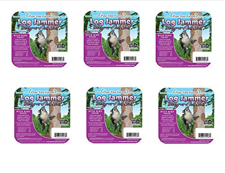 Pine Tree Farms Log Jammer packaging shows six images of a tufted titmouse on a tree trunk eating wild bird food against a purple and teal background