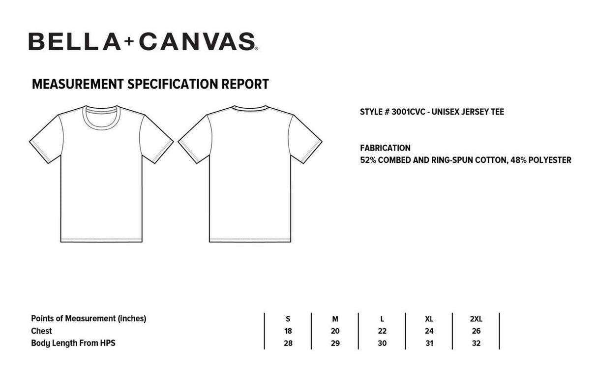 Bella+Canvas technical drawing of a unisex jersey tee showing front and back views with size specifications in inches highlighting a crew neck short sleeves and a straight hem