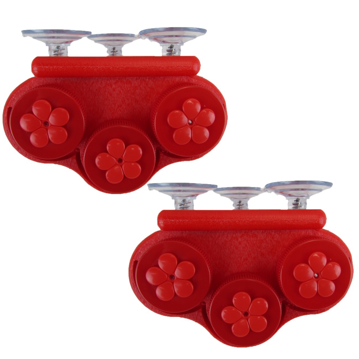 Product shot showing two red plastic suction cup organizers with flower-shaped details and clear suction cups on a white background