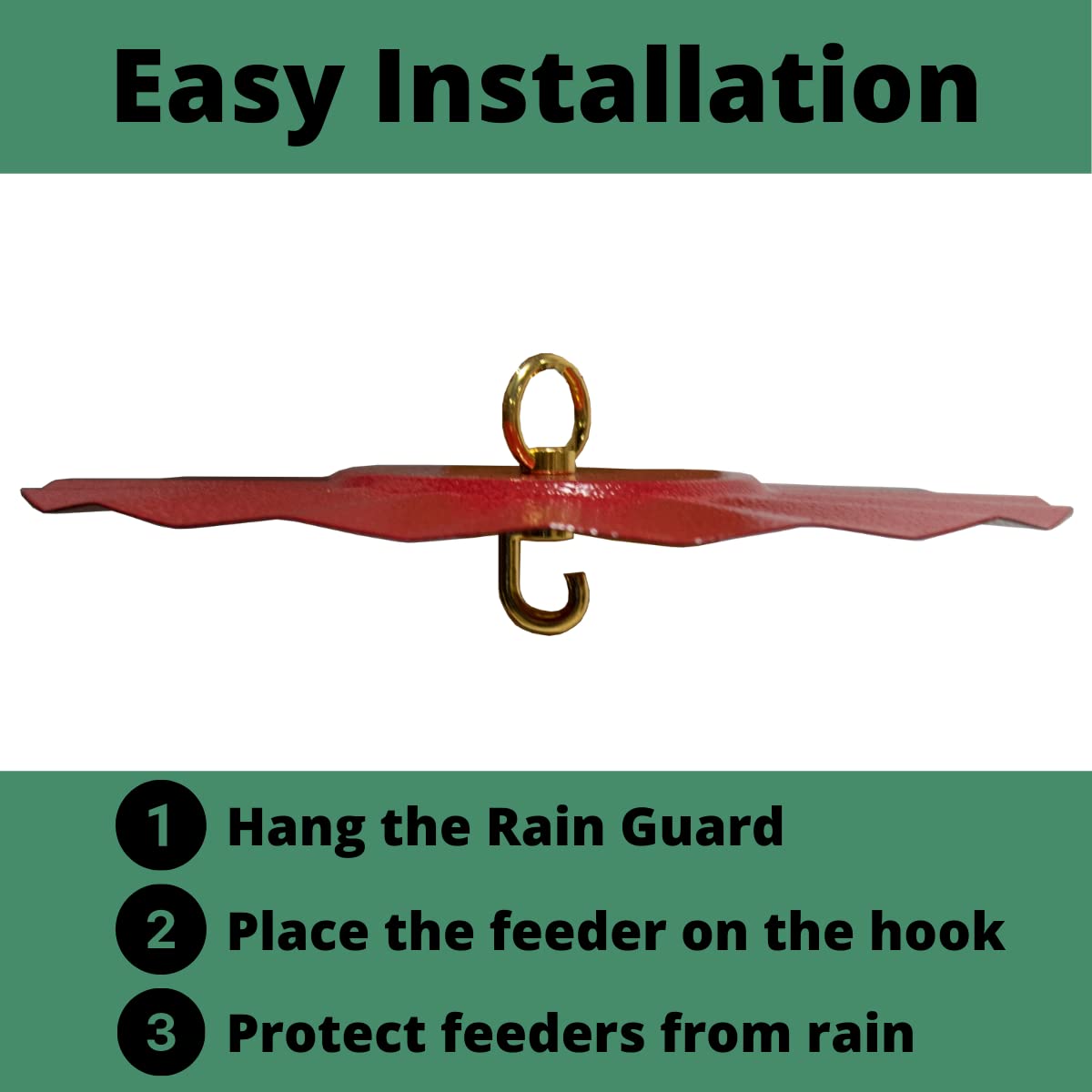 JCS Wildlife 9.5" Rain Guard with installation steps for easy feeder protection against rain.