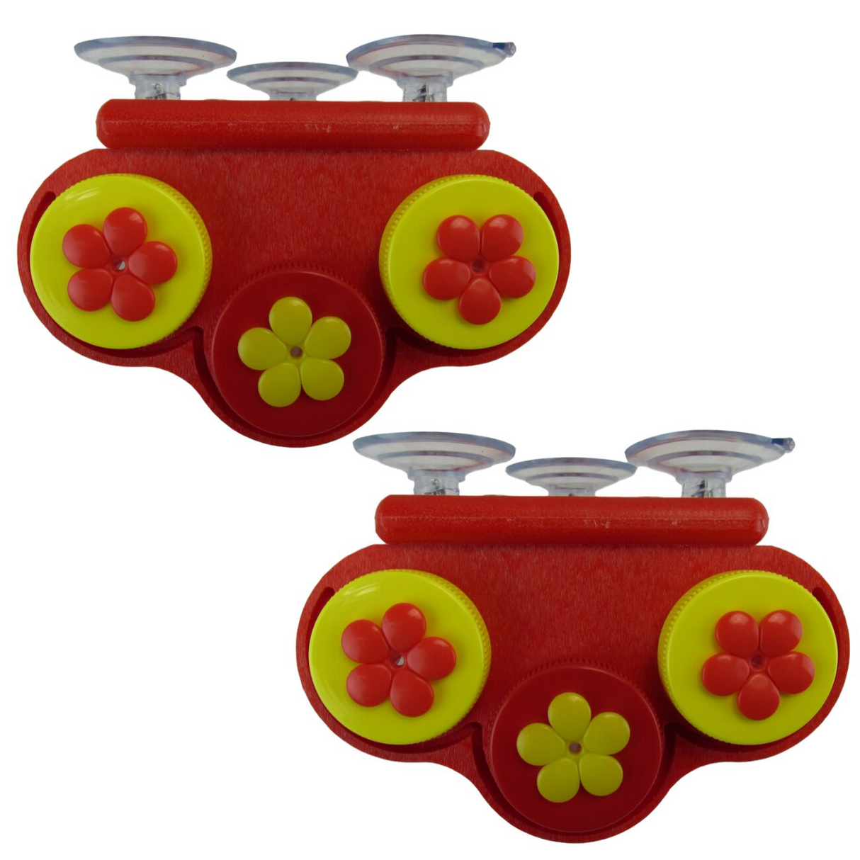 Plastic red and yellow flower-shaped suction cup toy set with three suction cups on each piece