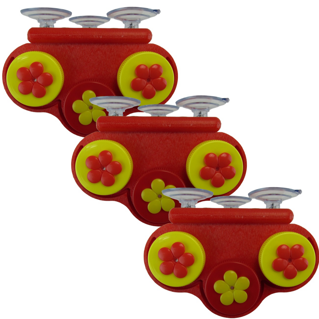 Product Photography Three red plastic hummingbird feeders with yellow flower-shaped accents and suction cups for windows feature vibrant colors and a playful design