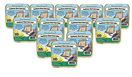 Pine Tree Farms twelve-pack of Sunflower Heart Suet Cakes showing a woodpecker and bird feeder against a snowy background with sunflowers and a blue sky