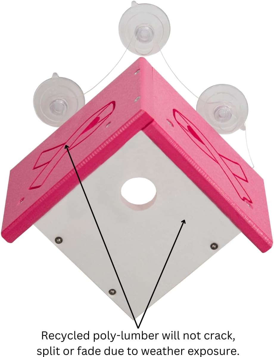 Annie's Breast Cancer Collection pink birdhouse with recycling symbol, designed to withstand weather conditions.