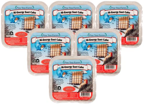 Pine Tree Farms Hi-Energy Suet Cake packaging showing five suet cakes with images of a bluebird, a woodpecker, and a caged suet feeder against a blue sky