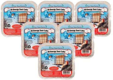 Pine Tree Farms Hi-Energy Suet Cake packaging showing five suet cakes with images of a bluebird, a woodpecker, and a caged suet feeder against a blue sky