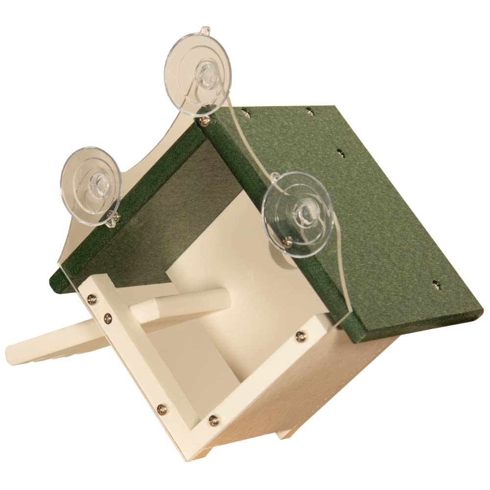 JCS Wildlife Recycled Poly Lumber Window-Mount Wren House featuring cup hooks and green roof for easy window mounting.