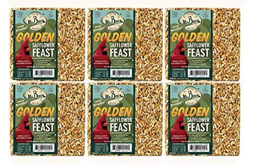 Mr. Bird's six blocks of Golden Safflower Feast birdseed feature a vibrant cardinal illustration,  golden-hued seeds, and green and brown label accents