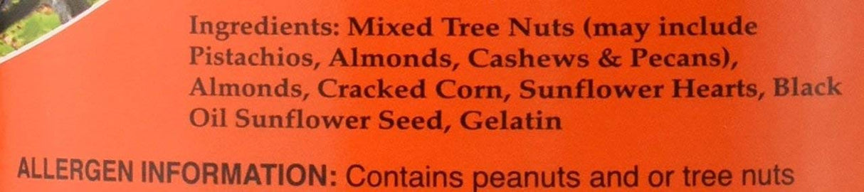 Ingredients of Pine Tree Farms Woodpecker Seed Log including mixed tree nuts, seeds, and allergen information.