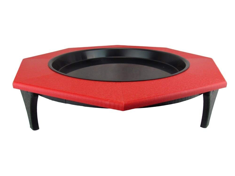 Product shot of a red and black octagonal bird bath with a textured surface and sleek legs