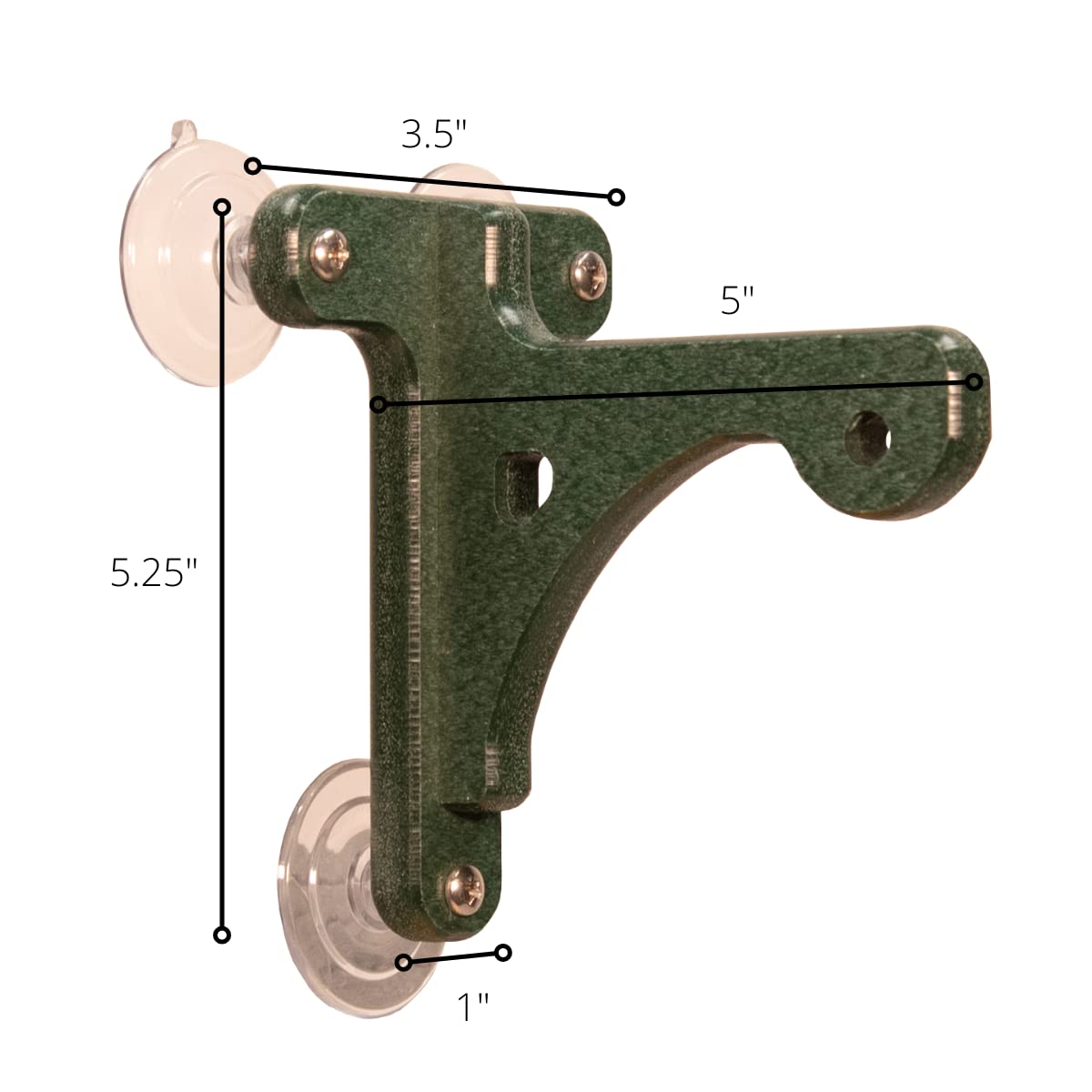 Product shot of a dark green plastic suction cup window mount with measurements showing 5 inch length 5.25 inch height and 1 inch width  featuring visible screws and clear suction cups