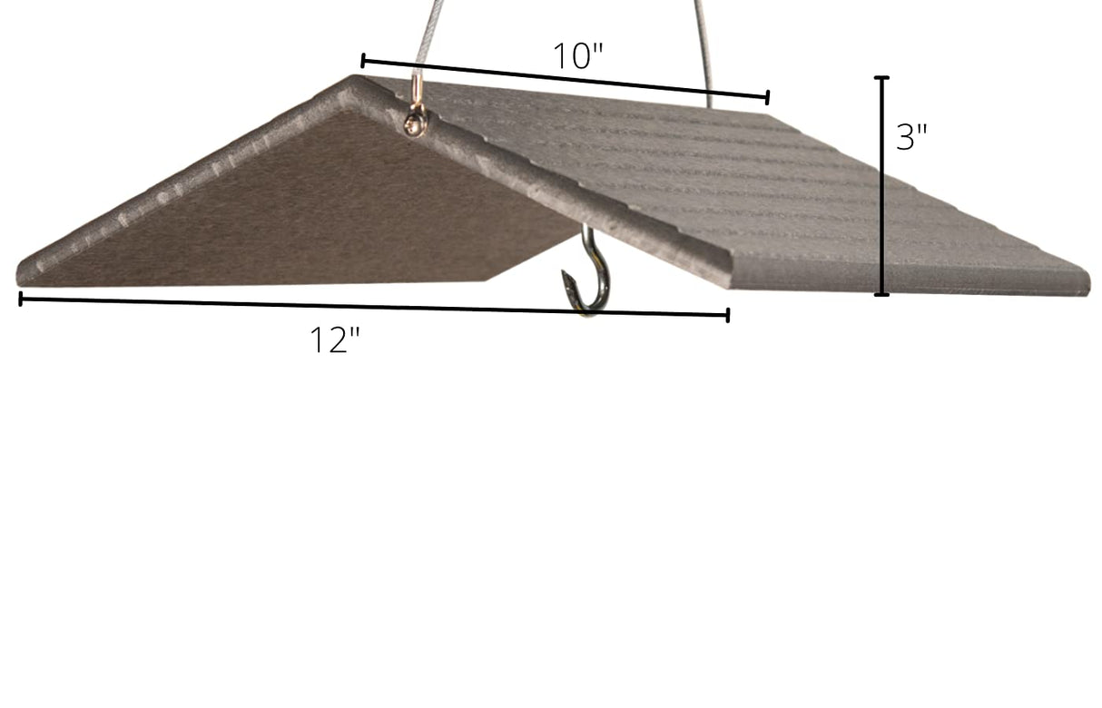 Diagram showing a 12x10 inch gray plastic bird feeder with a peaked roof and a metal hanging hook featuring grooved texture and rounded edges