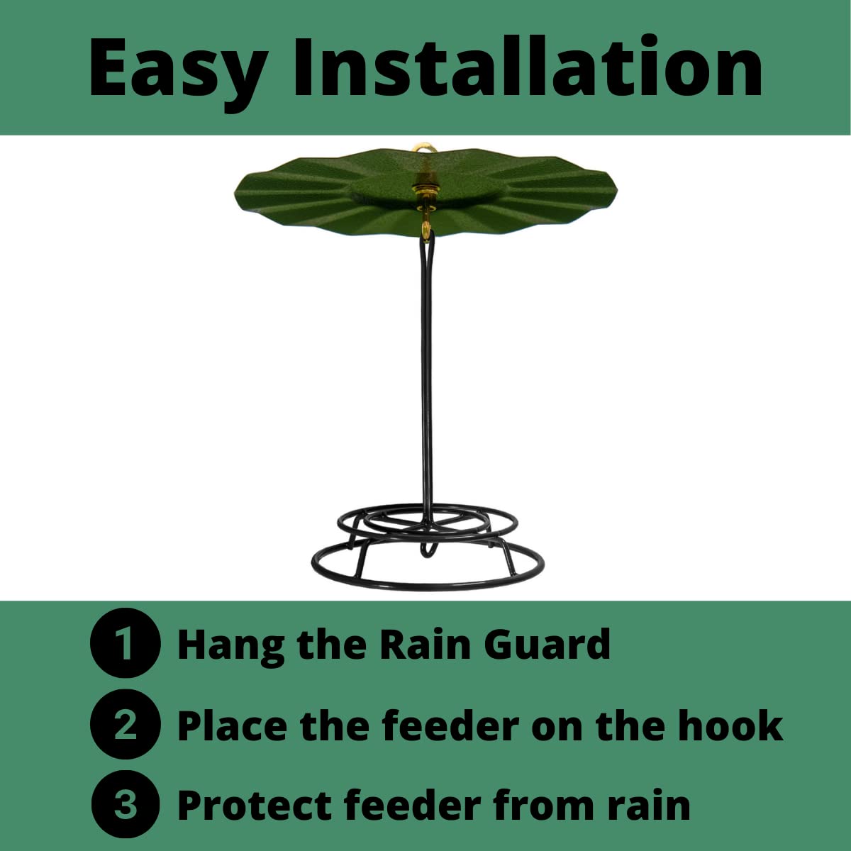 JCS Wildlife 9.5" Metal Rain Guard installation steps for bird feeder protection.
