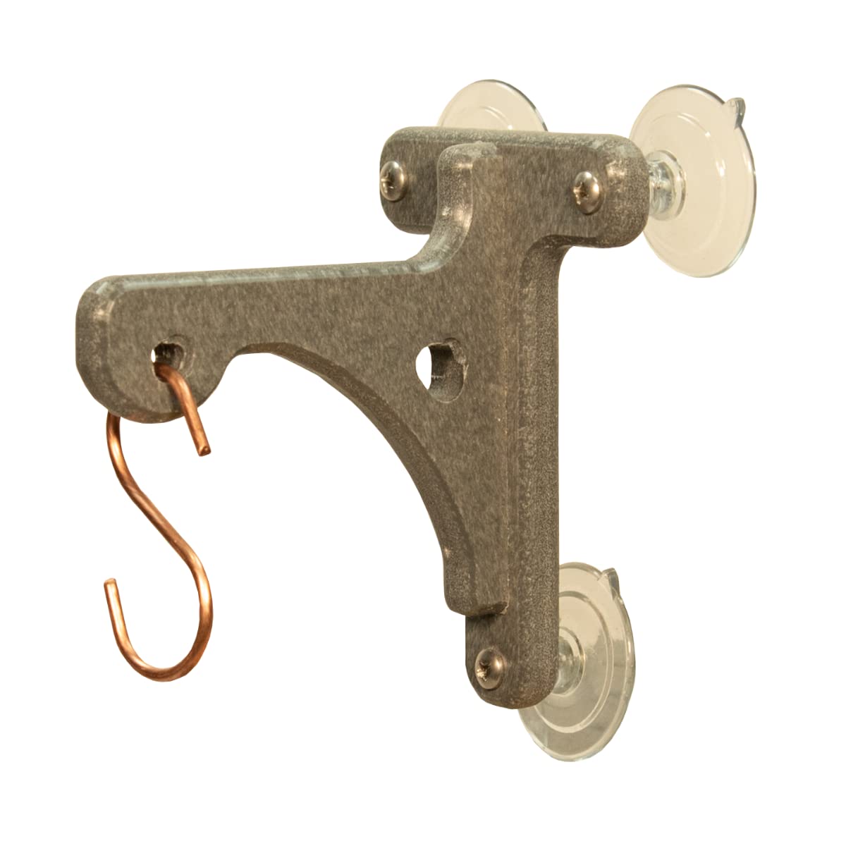 Product shot of a gray composite plastic suction cup window mount with a copper S-hook featuring two clear suction cups and visible screw fasteners