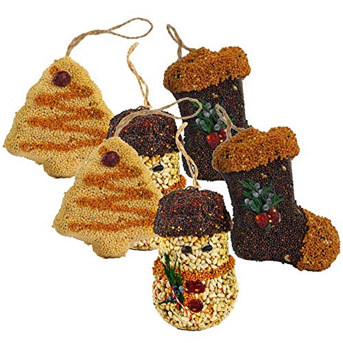 Handmade birdseed ornaments depicting Christmas trees snowmen and stockings with berry and twig accents in warm brown and tan hues