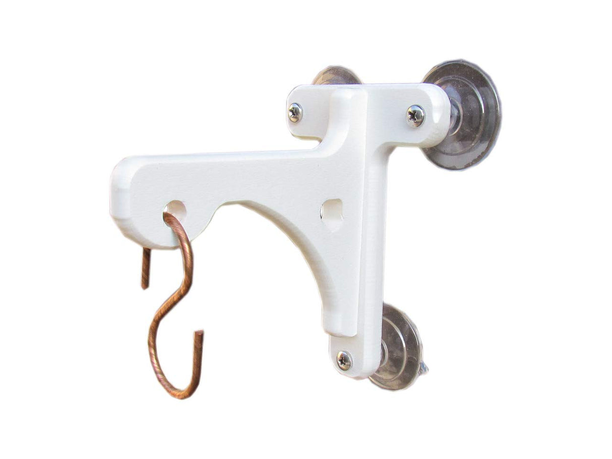 Product shot of a white wooden window box bracket with suction cups and a copper hook featuring visible screws and a unique curved design