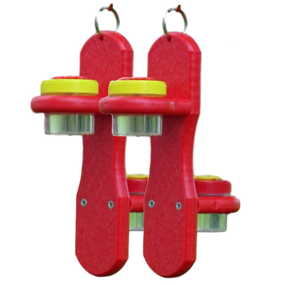 Plastic product shot of two red feeders with yellow lids and silver containers against a white background