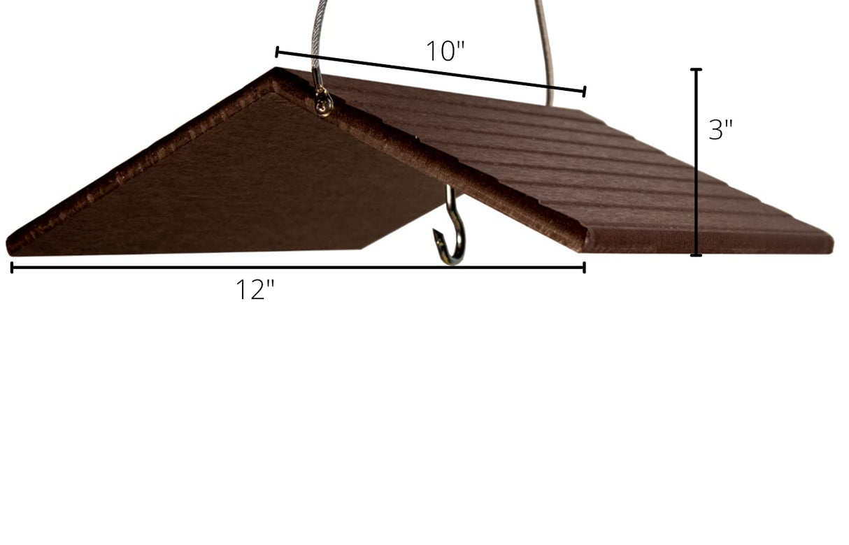 Diagram showing a dark brown, 12x10 inch recycled plastic bird feeder with a metal hook and sloped roof design featuring grooved texture and wire hanging system