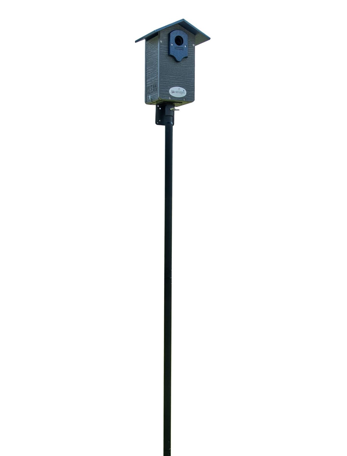 Image of a gray and blue Ice Wildlife birdhouse on a black pole showing a dark blue entry hole and Clean and Ice Wildlife logos
