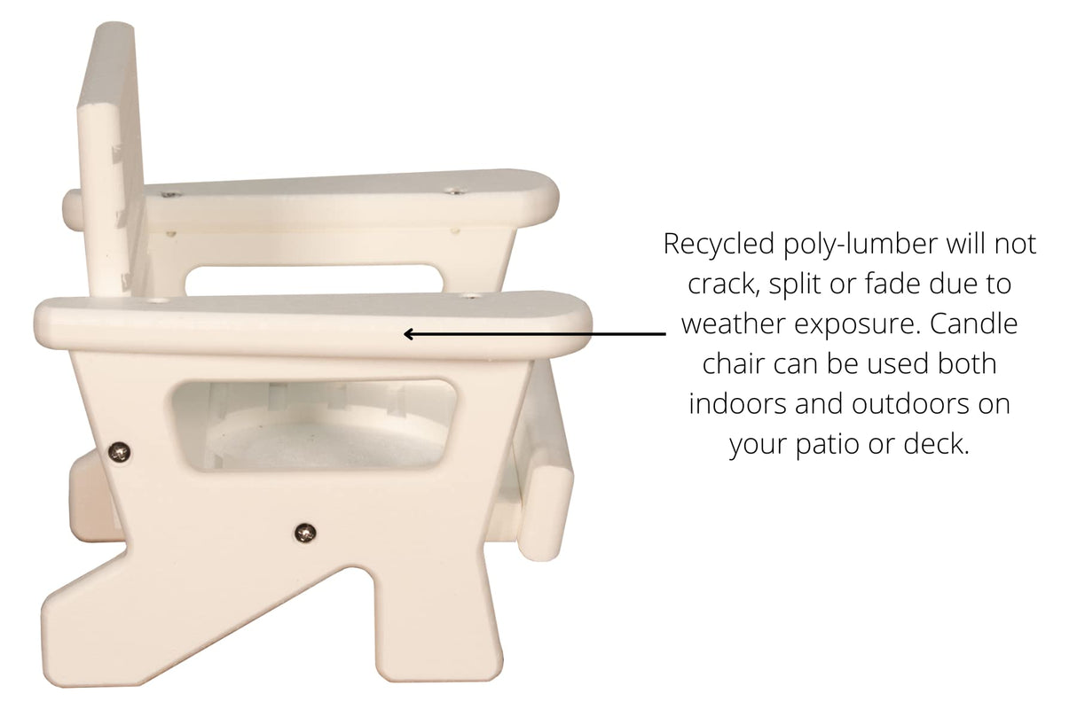JCS Wildlife Mini White Adirondack Chair Candle Holder, made of recycled poly lumber for indoor and outdoor use, weather resistant.