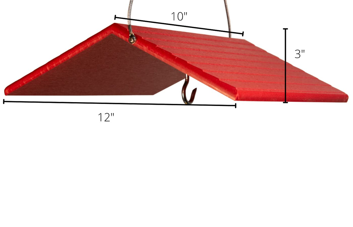 Diagram showing a 12x10 inch red wooden bird feeder with a peaked roof, a hanging hook, and visible metallic fasteners