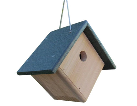 Wooden birdhouse with a dark green roof hanging against a white background featuring a small round entrance hole and visible screw details