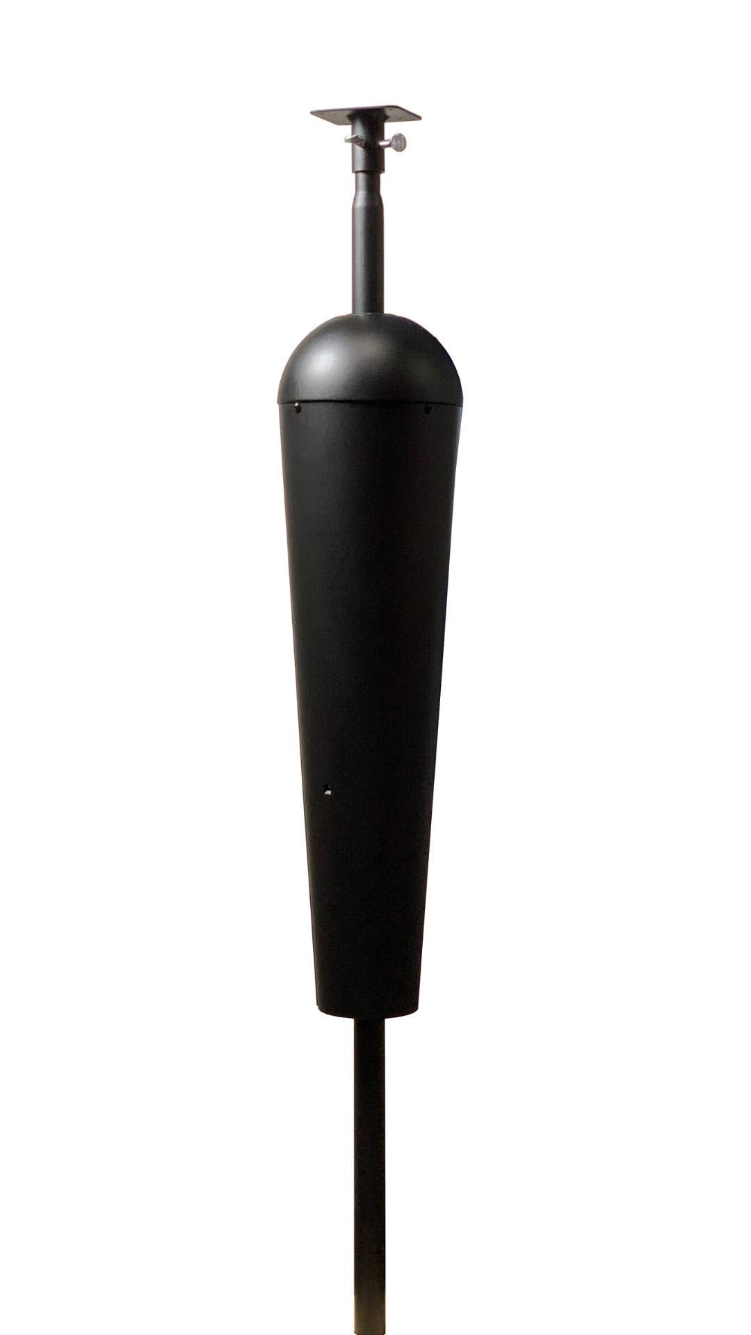 Product photography of a black metal planter with a bulbous top a slender body and a small mounting plate on top.