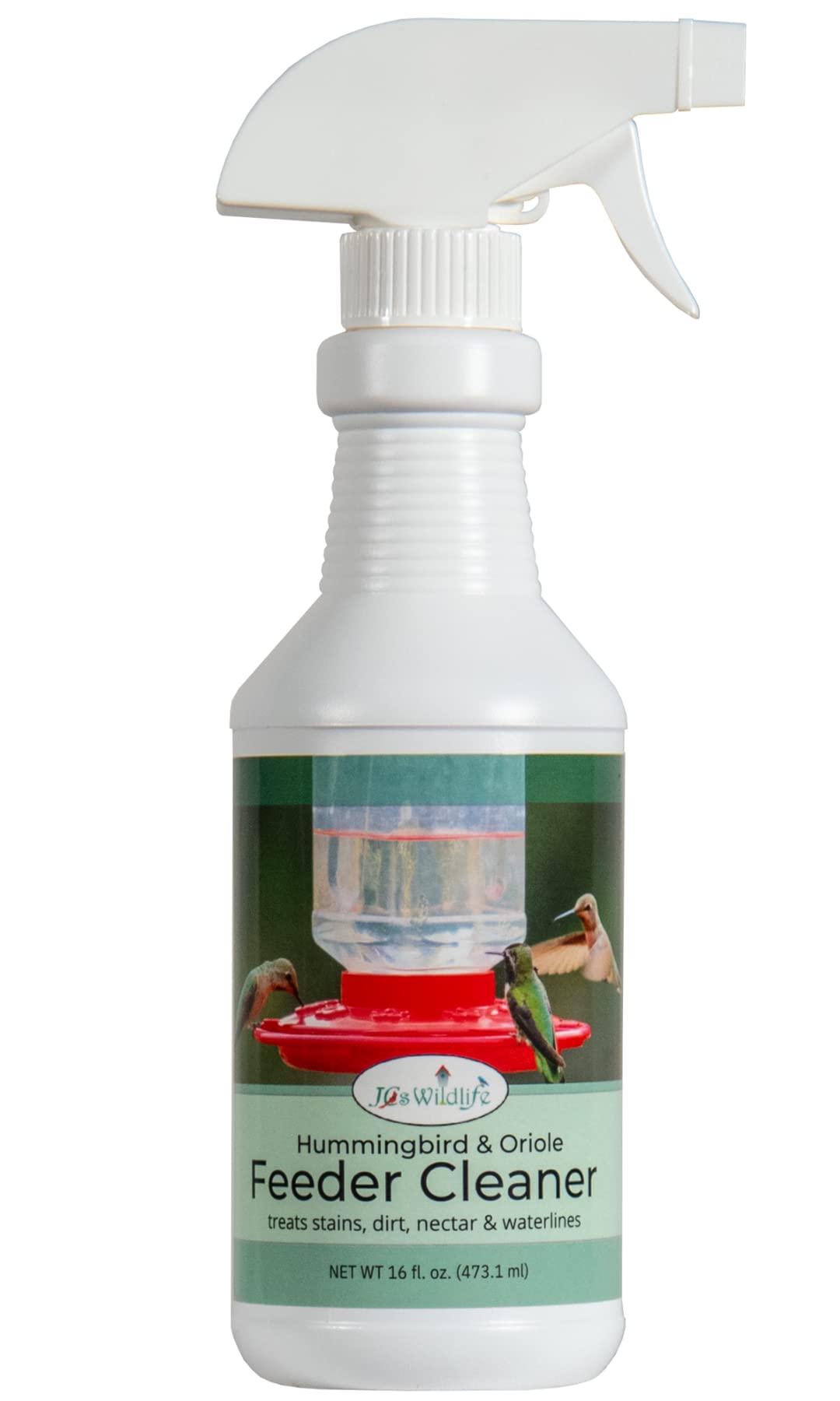 JCS Wildlife Hummingbird & Oriole Feeder Cleaner in a spray bottle, 16 oz, effective for cleaning bird feeders.